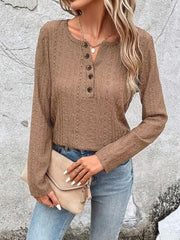 Openwork Half Button Long Sleeve Blouse - Flyclothing LLC