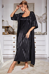 Striped Flounce Sleeve Open Front Robe and Cami Dress Set - Flyclothing LLC