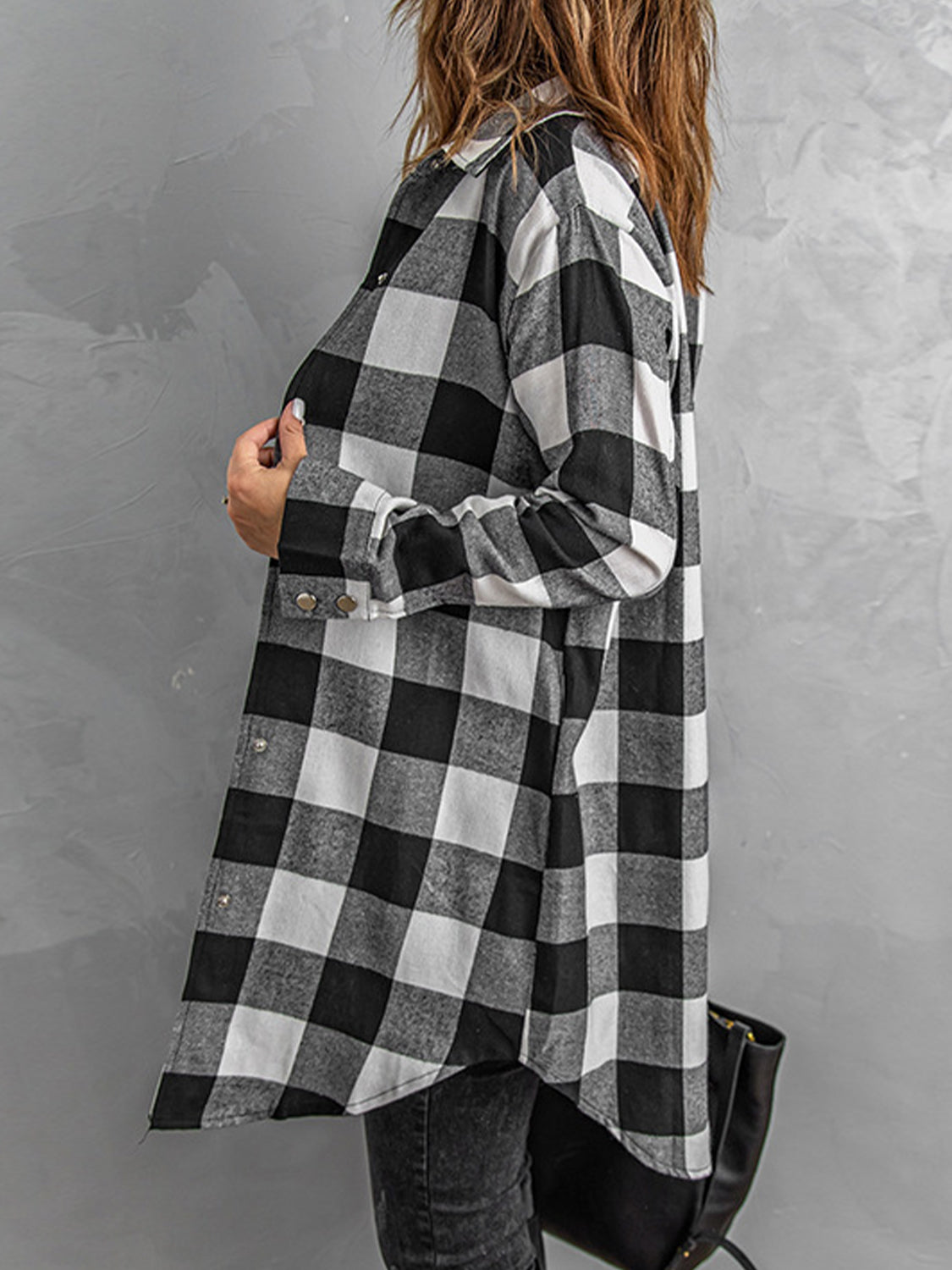 Plaid Snap Down Long Sleeve Jacket - Flyclothing LLC