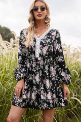 Floral Lace Trim Long Sleeve Dress - Flyclothing LLC