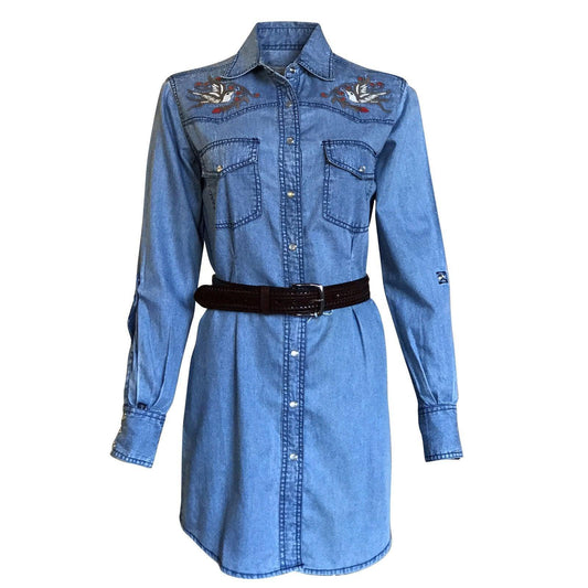 Rockmount Ranch Wear Womens Flying Swallow Embroidered Denim Shirt Dress - Rockmount Clothing