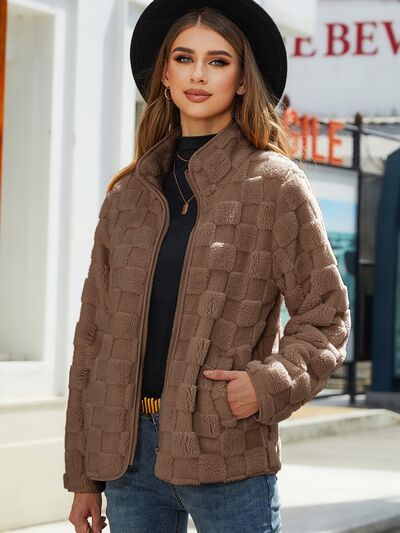 Fuzzy Checkered Zip Up Jacket - Flyclothing LLC