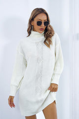 Openwork Turtleneck Long Sleeve Sweater Dress - Flyclothing LLC