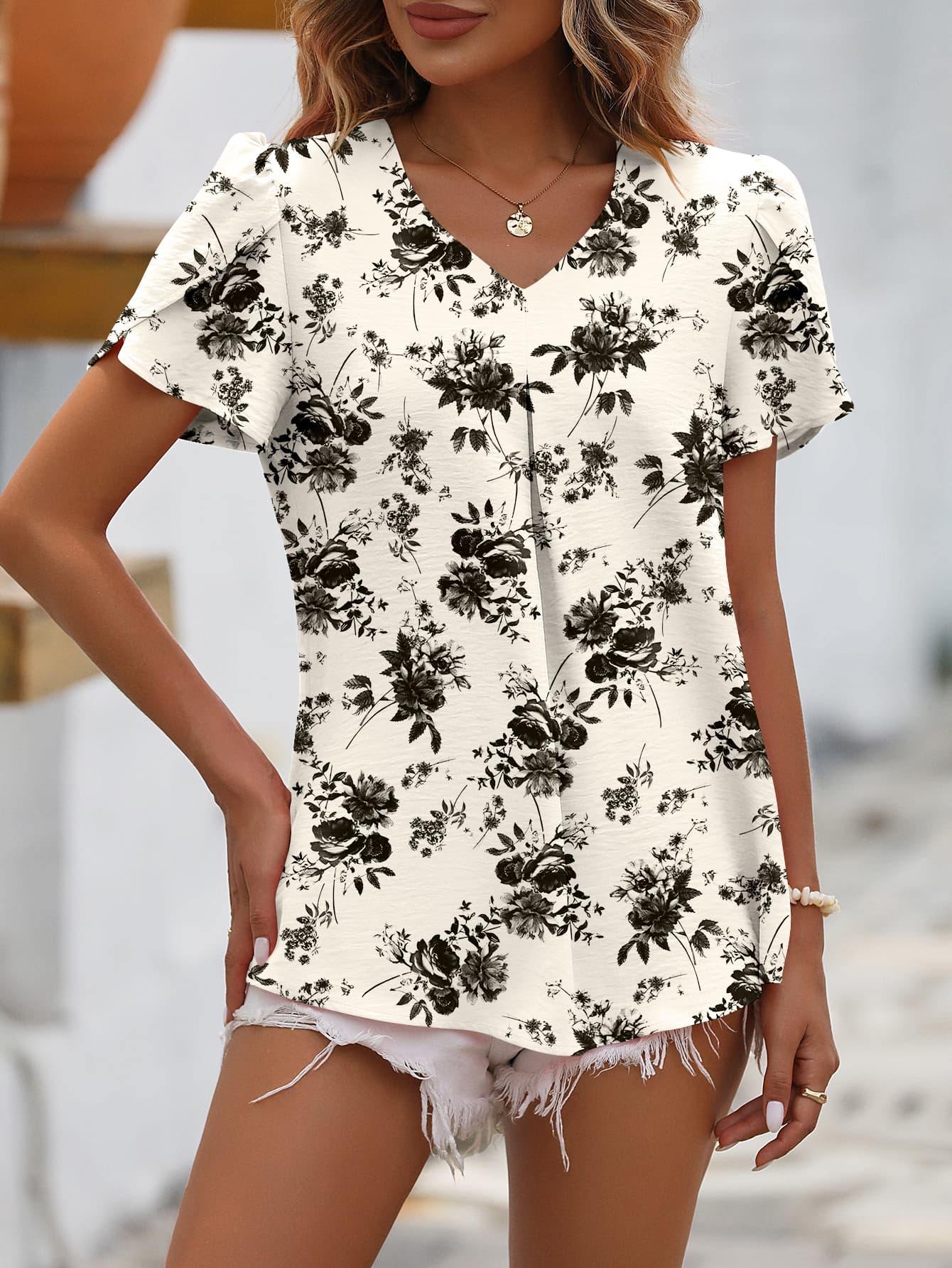 Ruche V-Neck Petal Sleeve Top - Flyclothing LLC