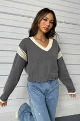 Contrast Openwork Long Sleeve V-Neck Sweater - Flyclothing LLC