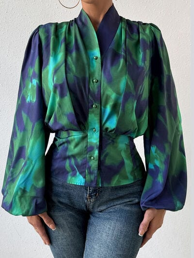 Tie-Dye Button Up Balloon Sleeve Blouse - Flyclothing LLC