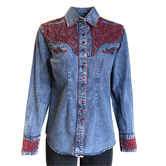 Rockmount Ranch Wear Womens Red Floral Embroidery Denim Shirt - Rockmount Clothing