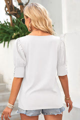 Round Neck Lantern Sleeve Blouse - Flyclothing LLC