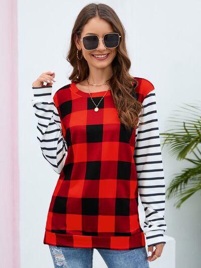 Plaid Striped Round Neck Long Sleeve T-Shirt - Flyclothing LLC