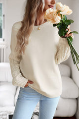 Cable-Knit Round Neck Drop Shoulder Sweater - Flyclothing LLC