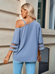 Asymmetrical Neck Sheer Striped Flare Sleeve Blouse - Flyclothing LLC