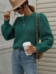 Heathered Long Lantern Sleeve Rib-Knit Sweater - Trendsi