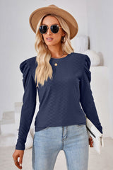 Round Neck Puff Sleeve Blouse - Flyclothing LLC