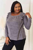 Double Take Square Neck Ruffle Shoulder Long Sleeve T-Shirt - Flyclothing LLC