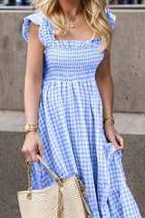 Full Size Smocked Ruffled Plaid Ruffle Hem Dress - Trendsi