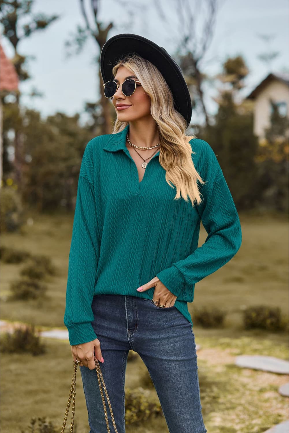 Collared Neck Cable-Knit Long Sleeve Blouse - Flyclothing LLC