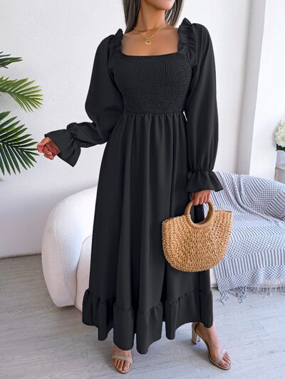 Smocked Square Neck Flounce Sleeve Dress - Flyclothing LLC