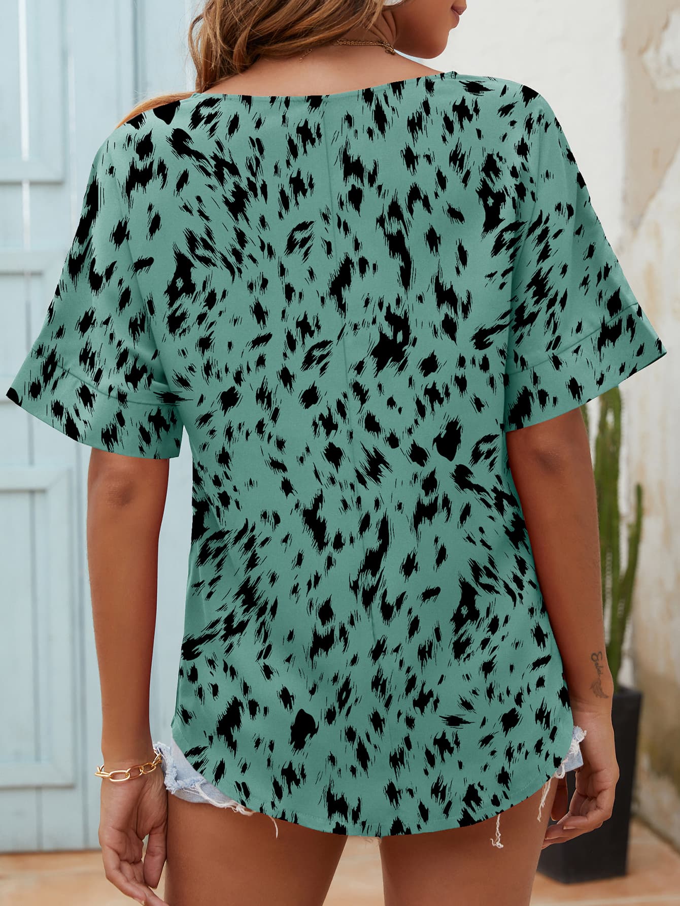 Printed Notched Neck Half Sleeve Blouse - Flyclothing LLC