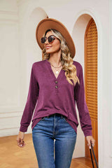 Buttoned Notched Neck Long Sleeve Top - Flyclothing LLC