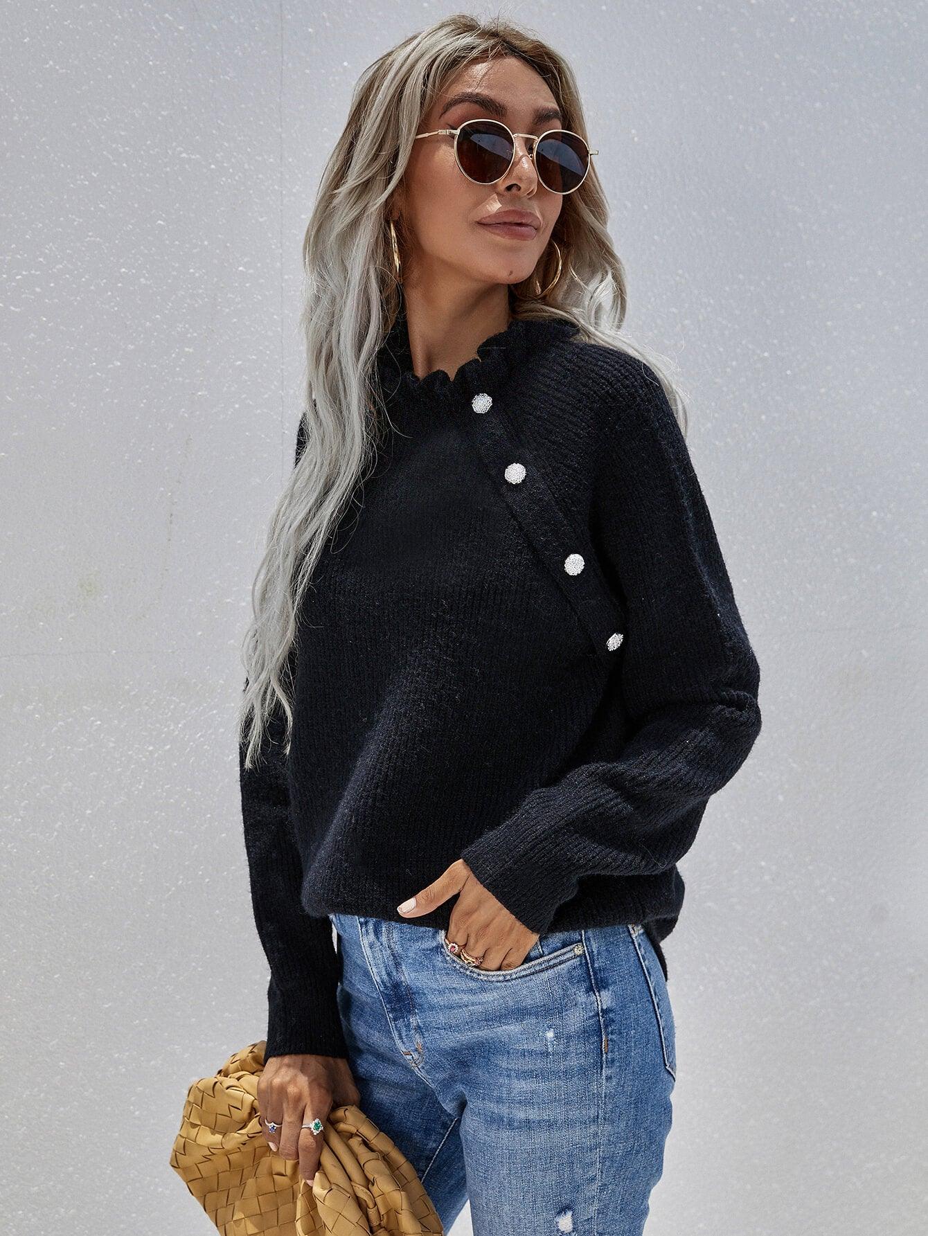 Button Detail Frill Neck Rib-Knit Sweater - Trendsi