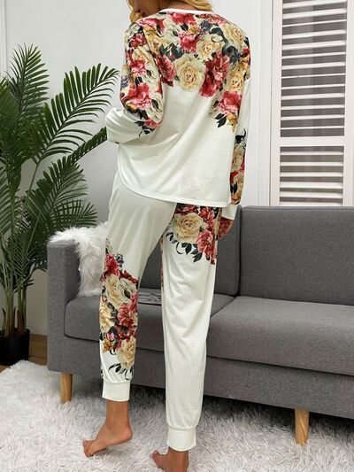 Printed Round Neck Top and Drawstring Pants Lounge Set - Flyclothing LLC