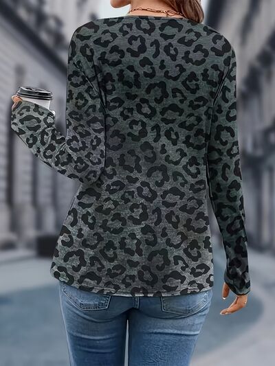 Leopard V-Neck Long Sleeve T-Shirt - Flyclothing LLC