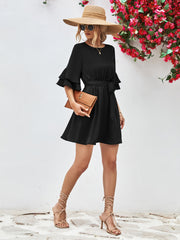 Round Neck Tie Belt Flounce Sleeve Dress - Flyclothing LLC