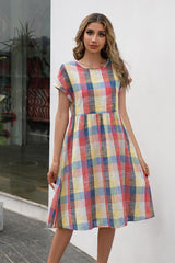 Plaid Round Neck Cap Sleeve Dress - Flyclothing LLC