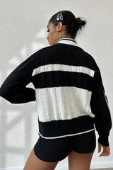 Cable-Knit Color Block Raglan Sleeve Cardigan - Trendsi