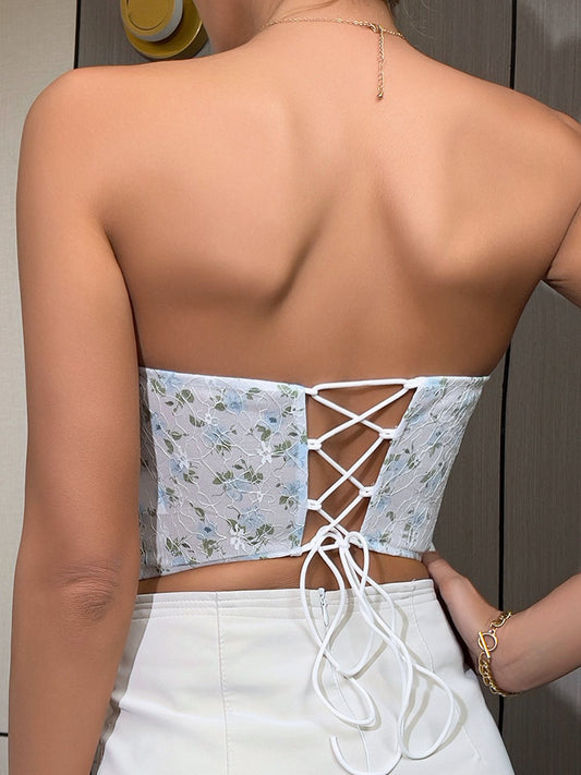 Floral Lace-Up Strapless Bustier - Flyclothing LLC