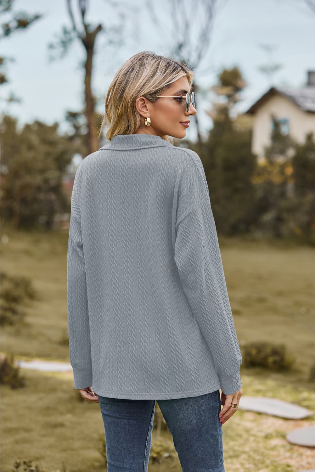 Collared Neck Cable-Knit Long Sleeve Blouse - Flyclothing LLC