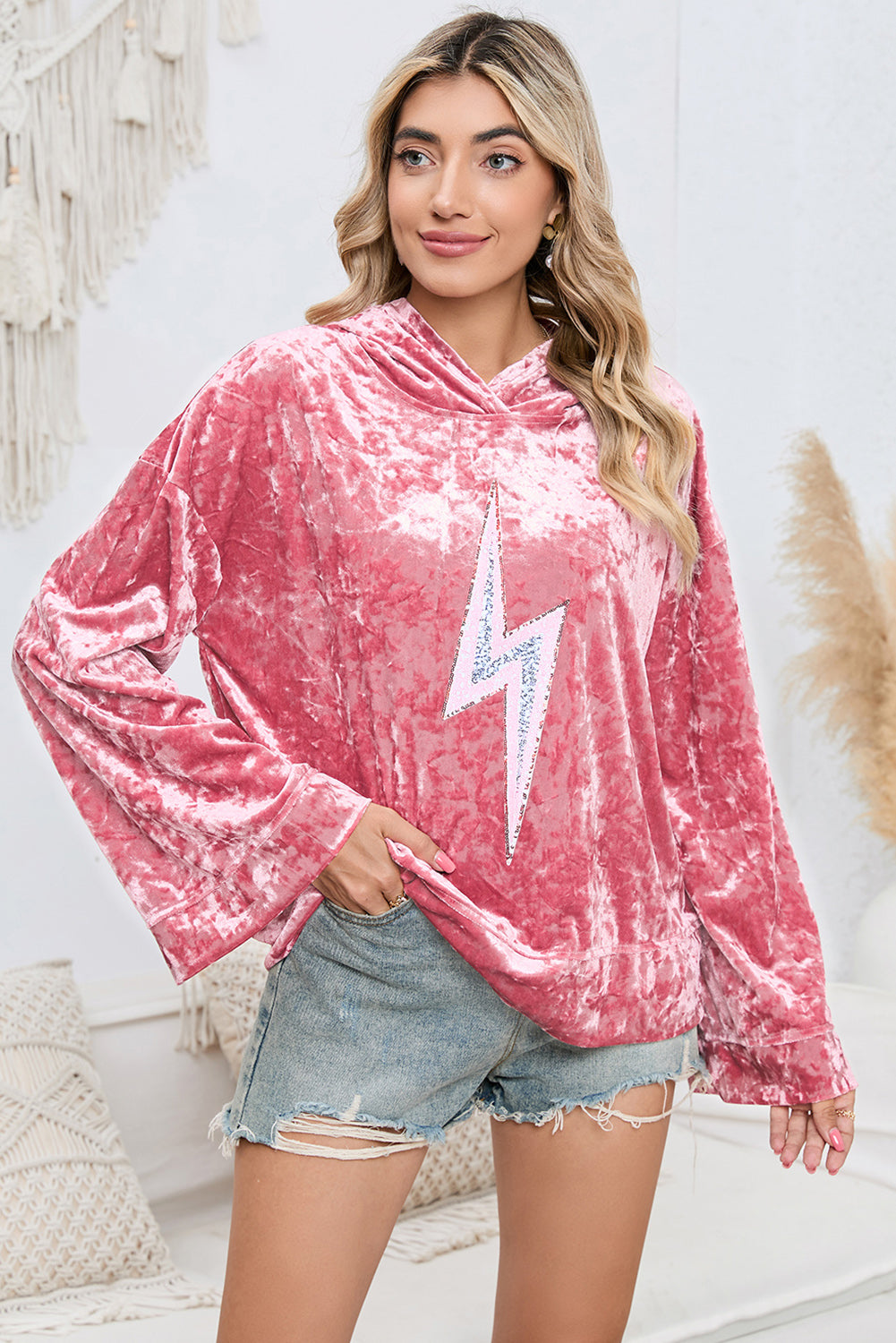 Sequin Flash Pattern Long Sleeve Dropped Shoulder Oversized Hoodie - Flyclothing LLC