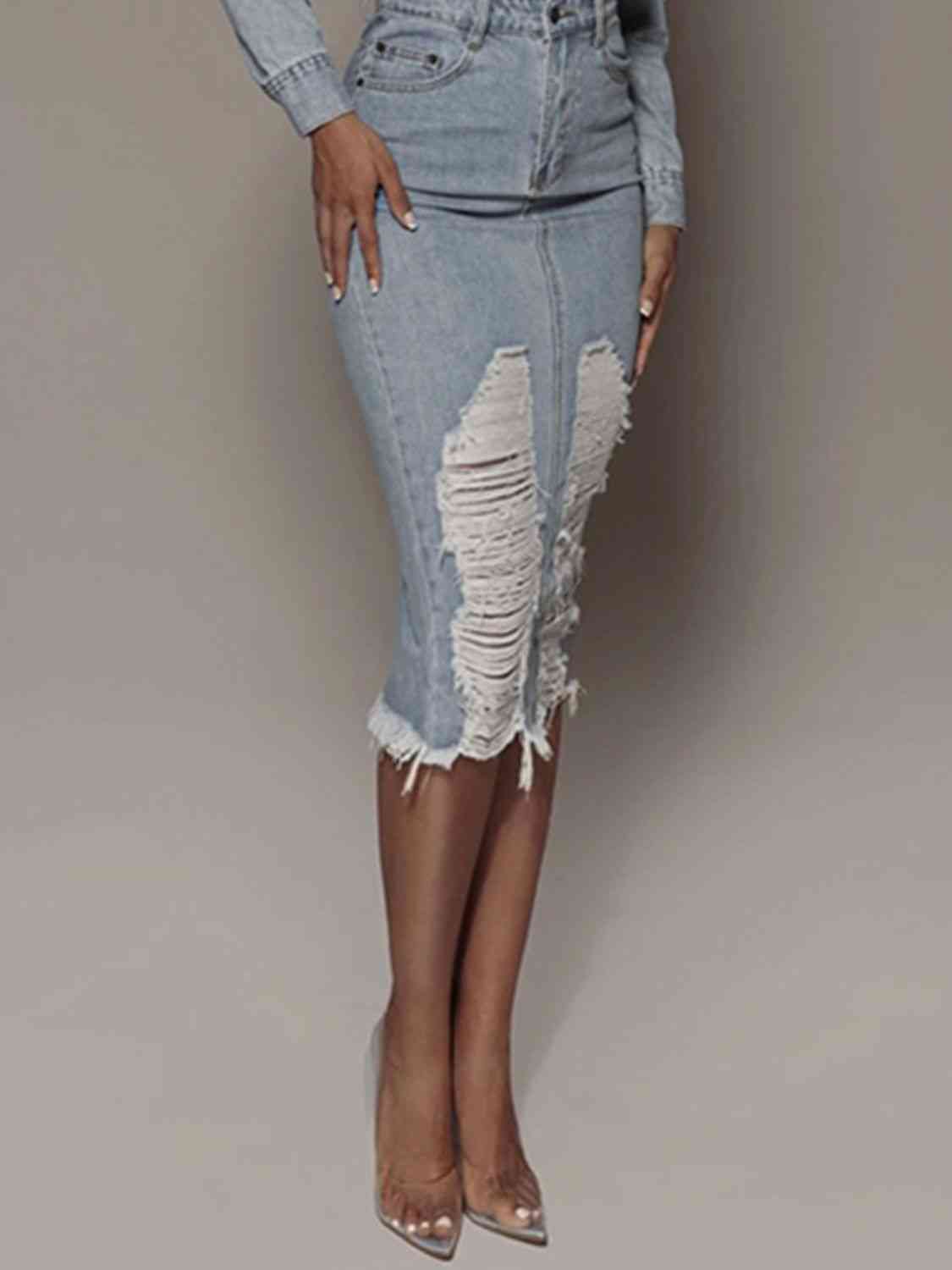 Distressed Slit Denim Skirt - Flyclothing LLC