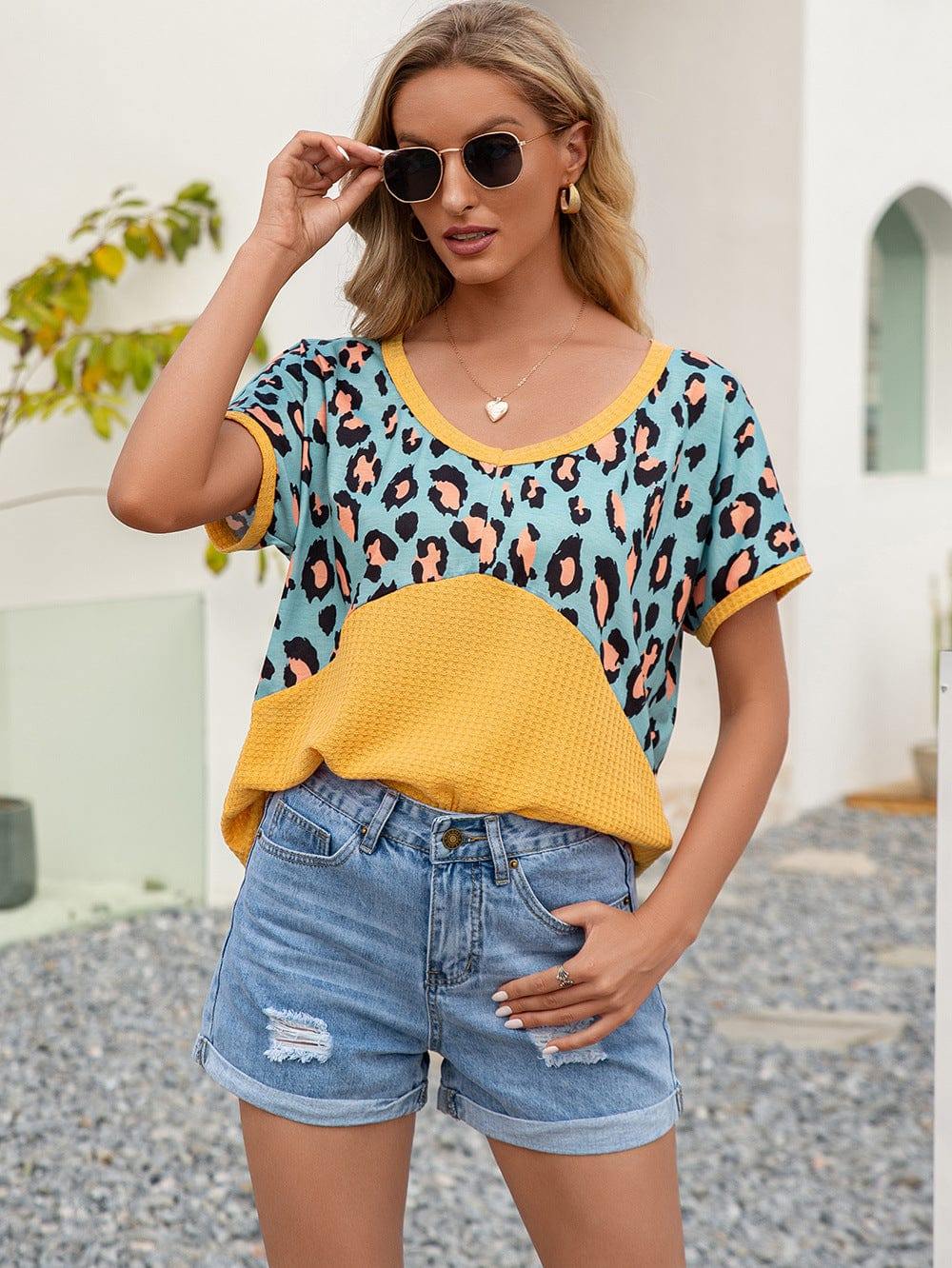 Leopard Waffle-Knit Short Sleeve Top - Trendsi