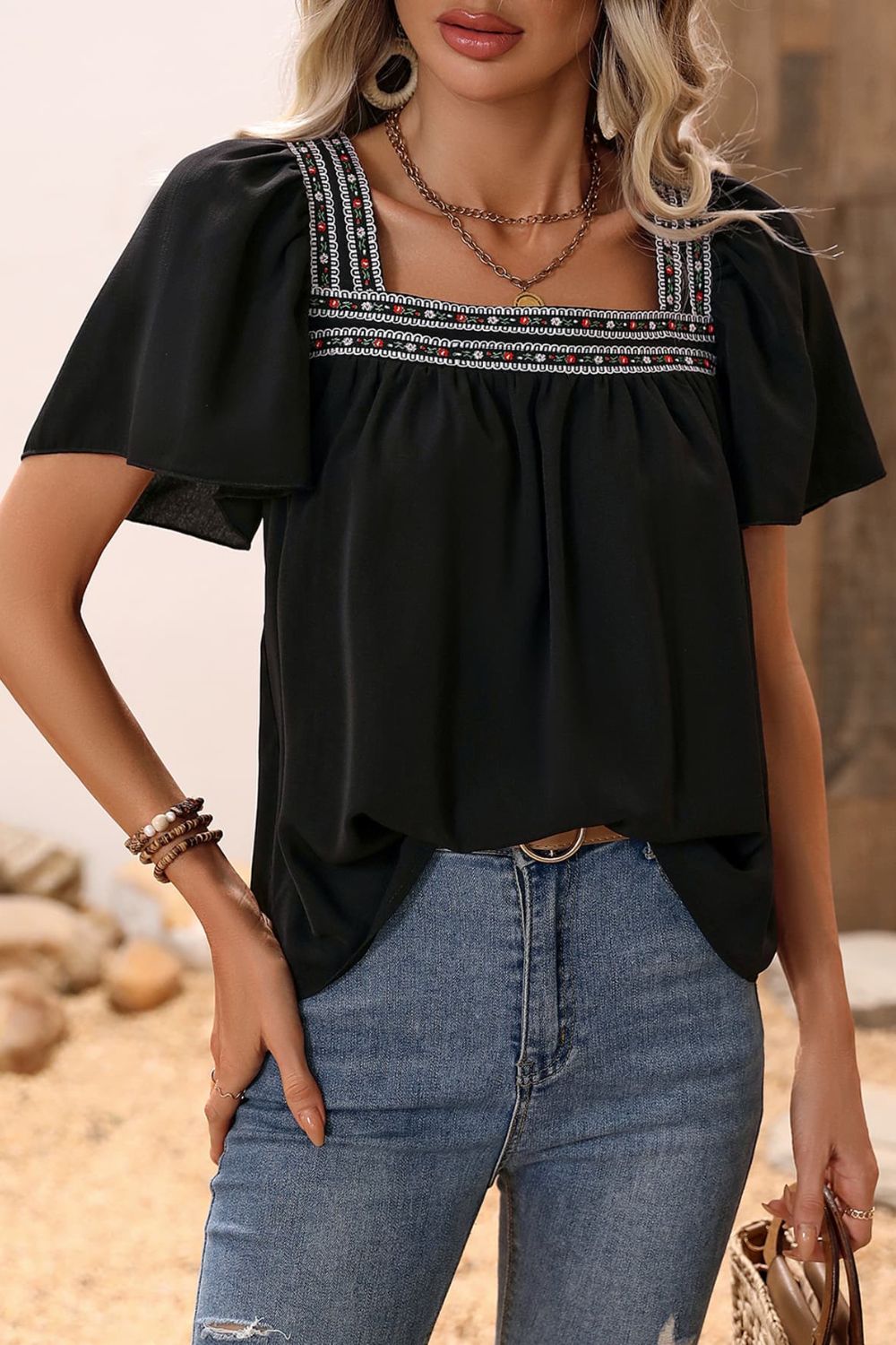 Contrast Square Neck Puff Sleeve Blouse - Flyclothing LLC