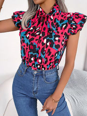 Leopard Tie Neck Cap Sleeve Blouse - Flyclothing LLC