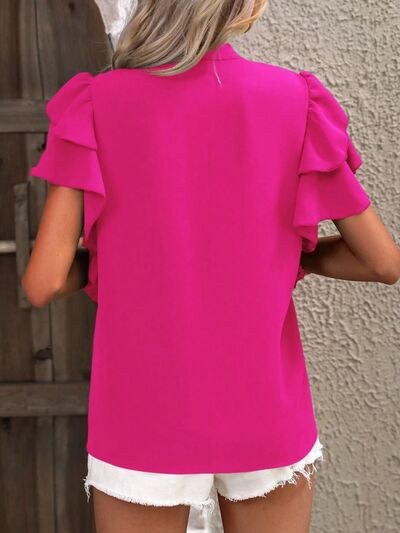 Ruffled Notched Short Sleeve Blouse - Flyclothing LLC