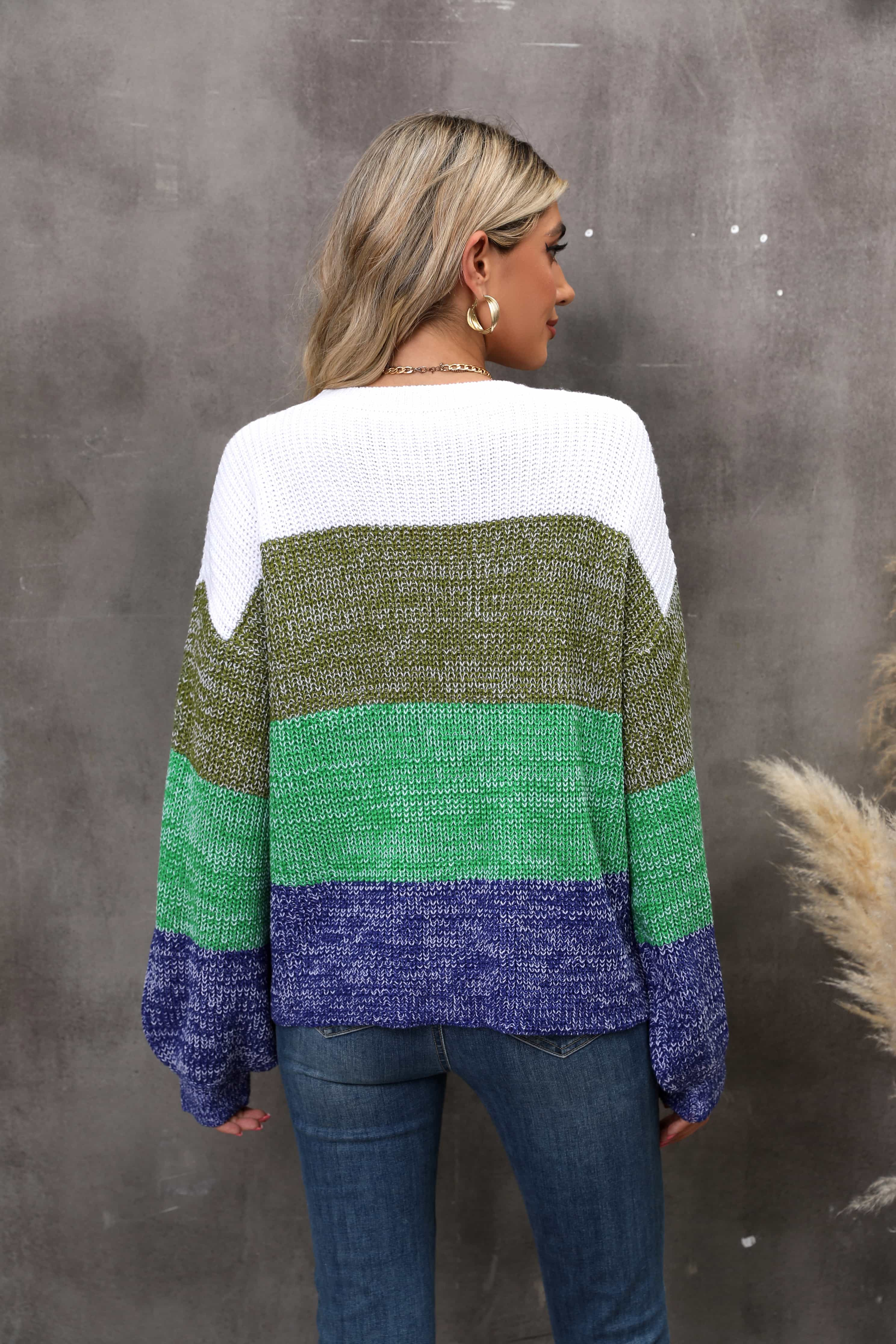 Color Block Round Neck Dropped Shoulder Sweater - Trendsi