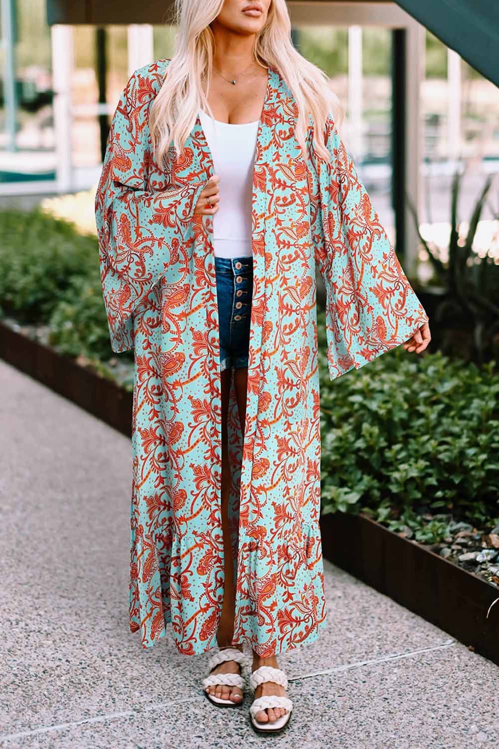 Printed Open Front Duster Cardigan - Flyclothing LLC