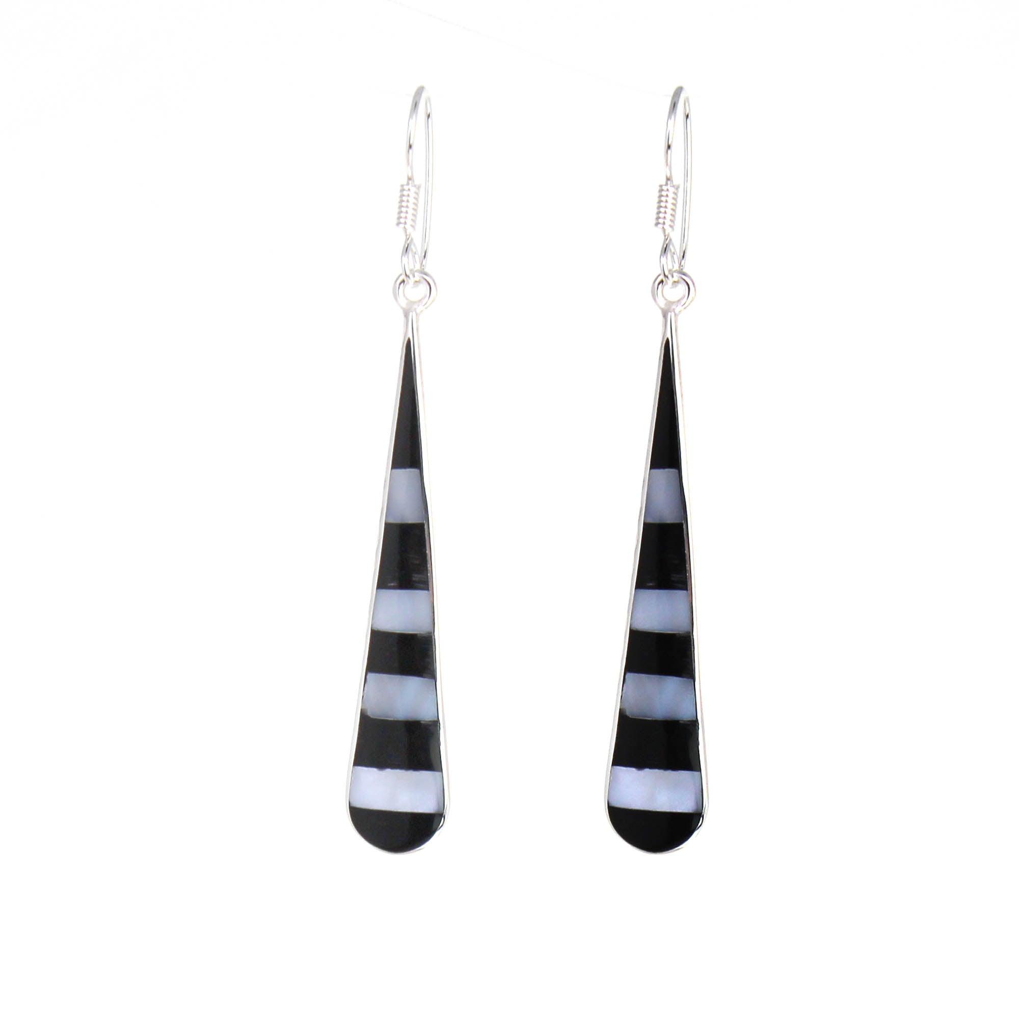 Taxco Silver Black Onyz & Abalone Zebra Long Teardrop Earrings - Flyclothing LLC