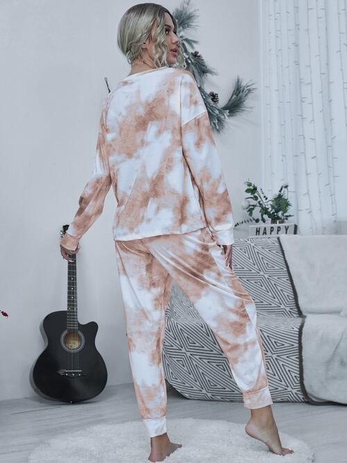 Tie-dye Round Neck Top and Drawstring Pants Lounge Set - Flyclothing LLC