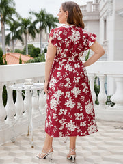 Plus Size Floral Tie Waist Surplice Neck Midi Dress - Flyclothing LLC