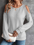 Round Neck Cold-Shoulder Waffle-Knit Top - Trendsi