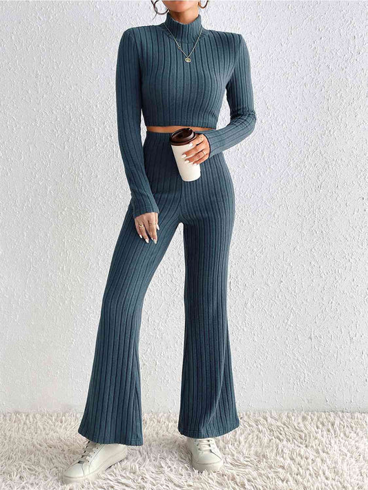 Ribbed Mock Neck Cropped Sweater & High Waist Pants Set - Flyclothing LLC