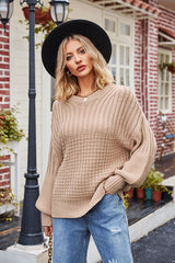 Ribbed Drop Shoulder Lantern Sleeve Sweater - Flyclothing LLC