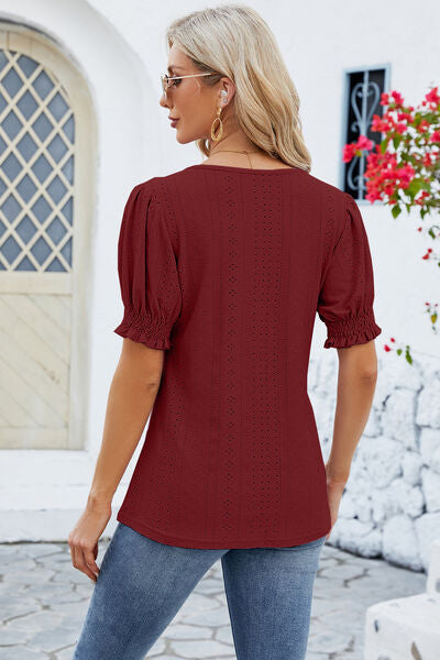 Eyelet Square Neck Short Sleeve T-Shirt - Flyclothing LLC