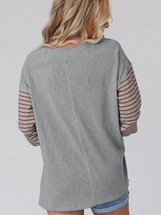 Round Neck Striped Long Sleeve Slit T-Shirt - Flyclothing LLC