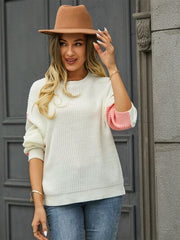 Contrast Round Neck Dropped Shoulder Sweater - Trendsi