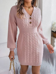 Buttoned Cable-Knit V-Neck Sweater Dress - Flyclothing LLC