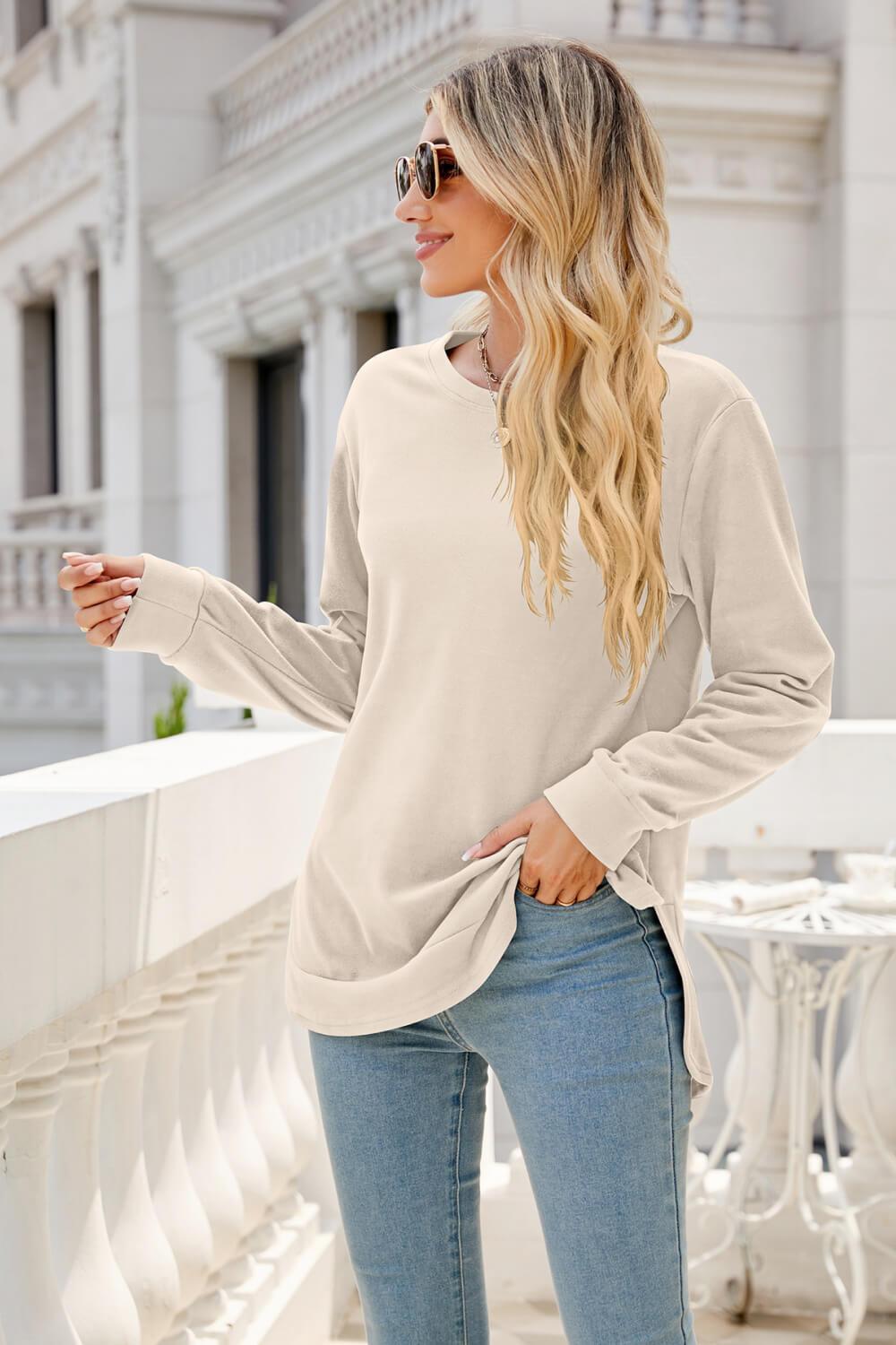 Round Neck Slit Tunic Top - Flyclothing LLC